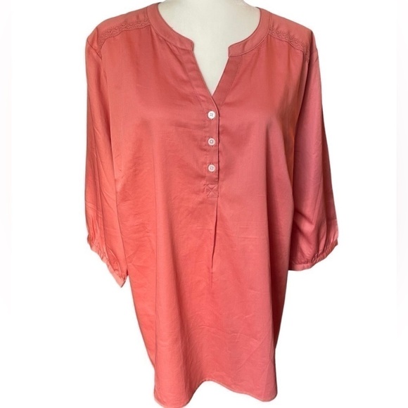 D & co. 100% Cotton 3/4 Sleeve Top Coral 2X - Picture 2 of 7